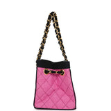 Chanel Vintage Set of Two Mini Bucket Bag & Oval Handbag Pink and Black Raffia Gold Hardware