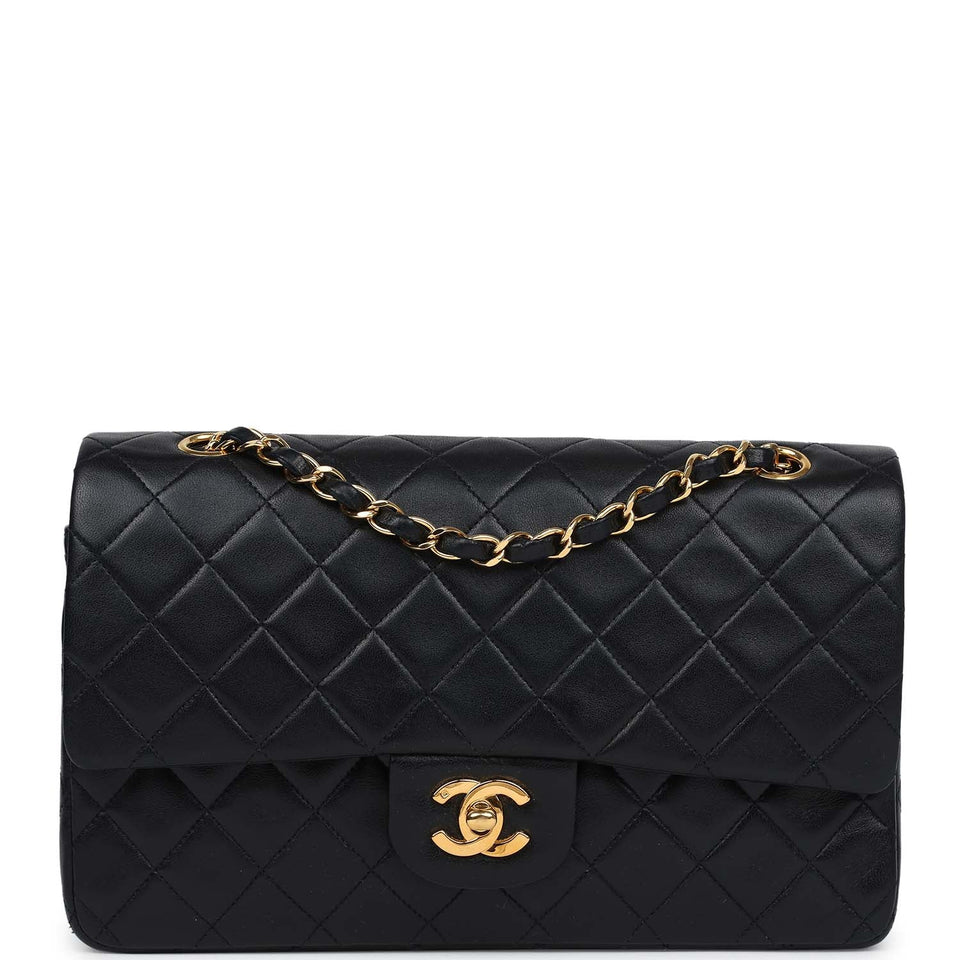 Chanel Vintage Medium Classic Double Flap Bag Black Lambskin Gold Hardware