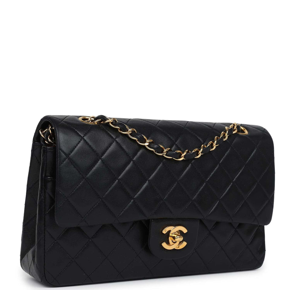 Chanel Vintage Medium Classic Double Flap Bag Black Lambskin Gold Hardware