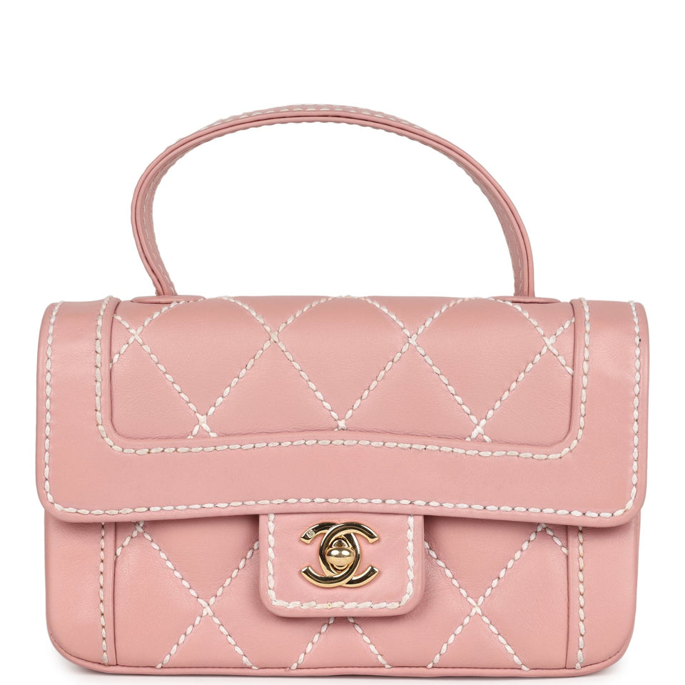 Chanel Vintage Mini Wild Stitch Surpique Top Handle Flap Bag Pink Calfskin Gold Hardware
