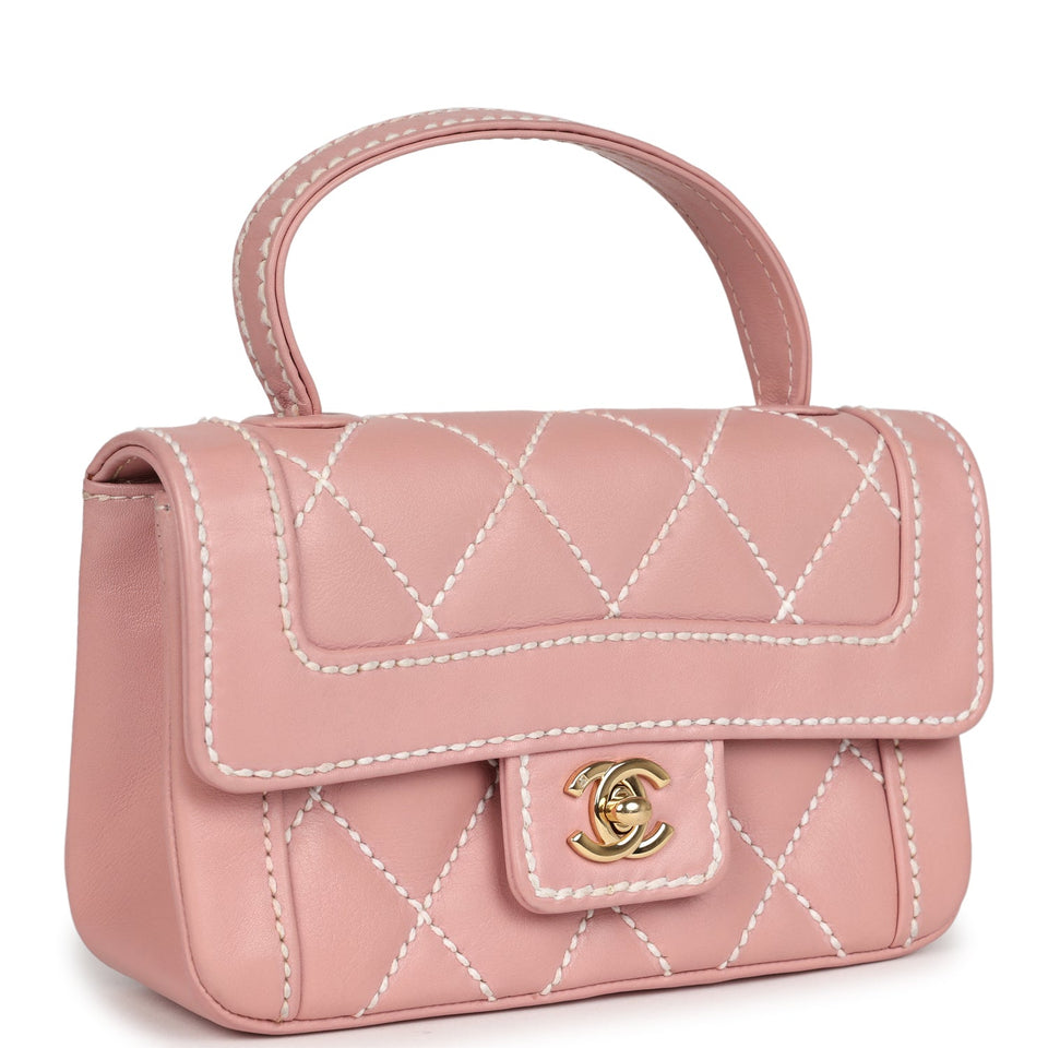 Chanel Vintage Mini Wild Stitch Surpique Top Handle Flap Bag Pink Calfskin Gold Hardware