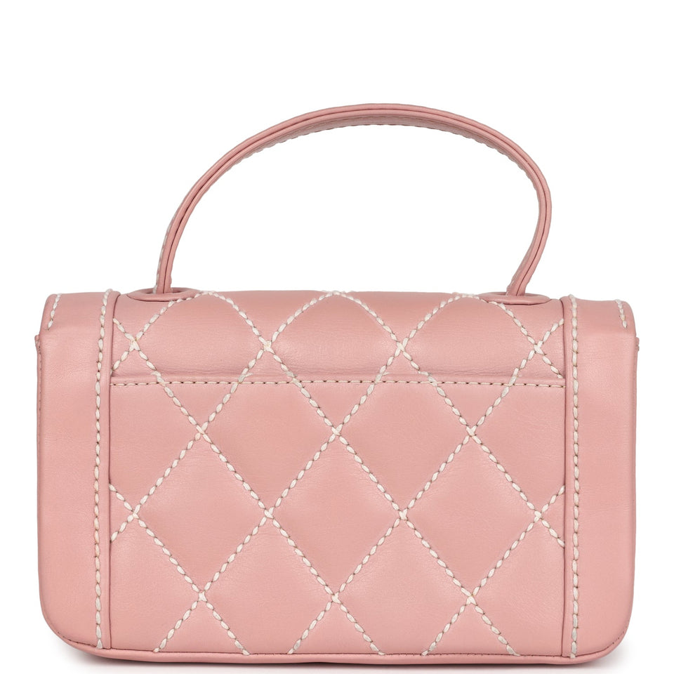 Chanel Vintage Mini Wild Stitch Surpique Top Handle Flap Bag Pink Calfskin Gold Hardware