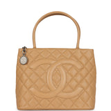 Chanel Vintage Medallion Tote Bag Beige Caviar Silver Hardware
