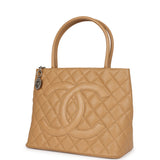 Chanel Vintage Medallion Tote Bag Beige Caviar Silver Hardware