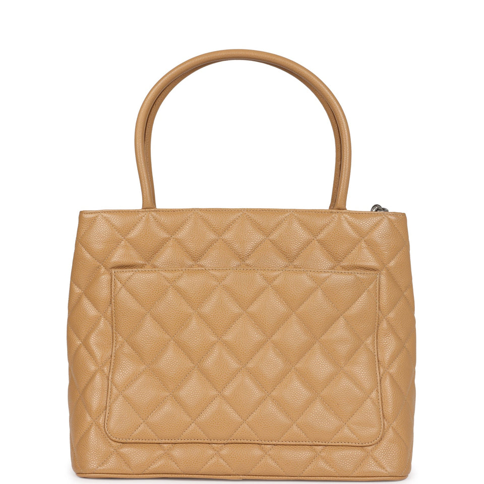 Chanel Vintage Medallion Tote Bag Beige Caviar Silver Hardware