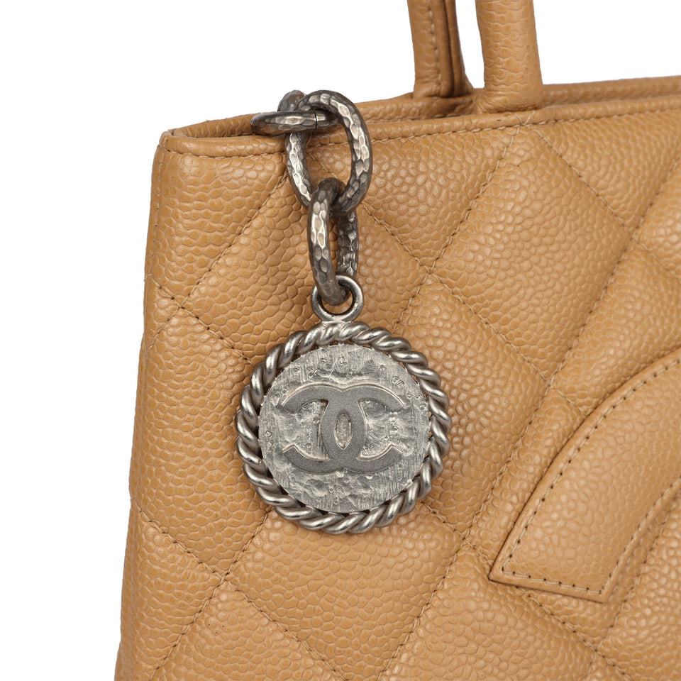 Chanel Vintage Medallion Tote Bag Beige Caviar Silver Hardware