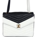 Chanel Vintage Chevron Envelope Flap Shoulder Bag Navy and White Lambskin Gold Hardware