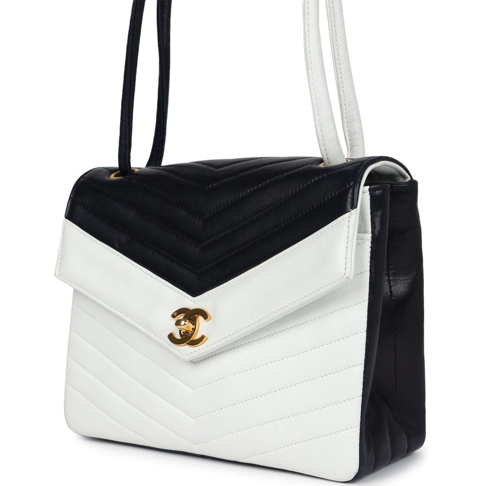 Chanel Vintage Chevron Envelope Flap Shoulder Bag Navy and White Lambskin Gold Hardware