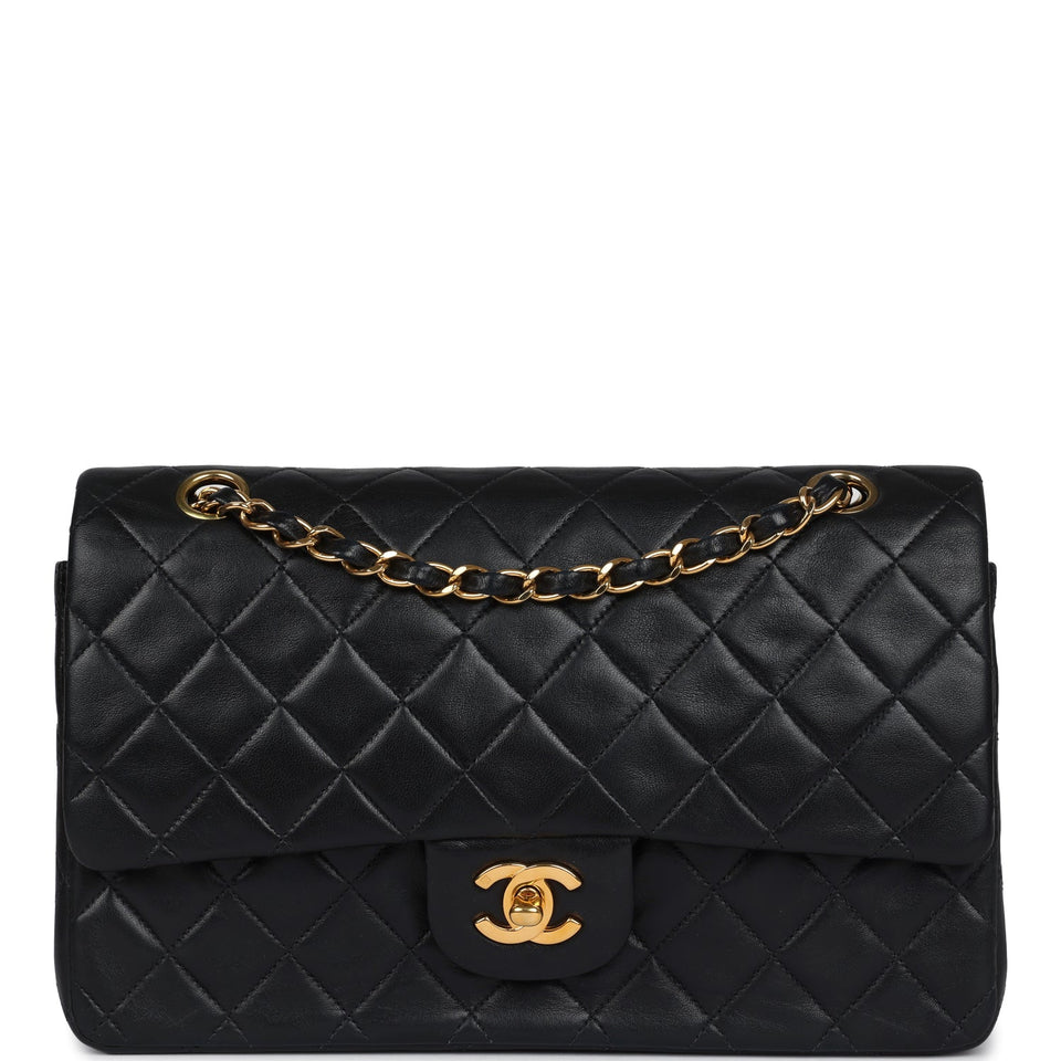 Chanel Vintage Medium Classic Double Flap Bag Black Lambskin Gold Hardware
