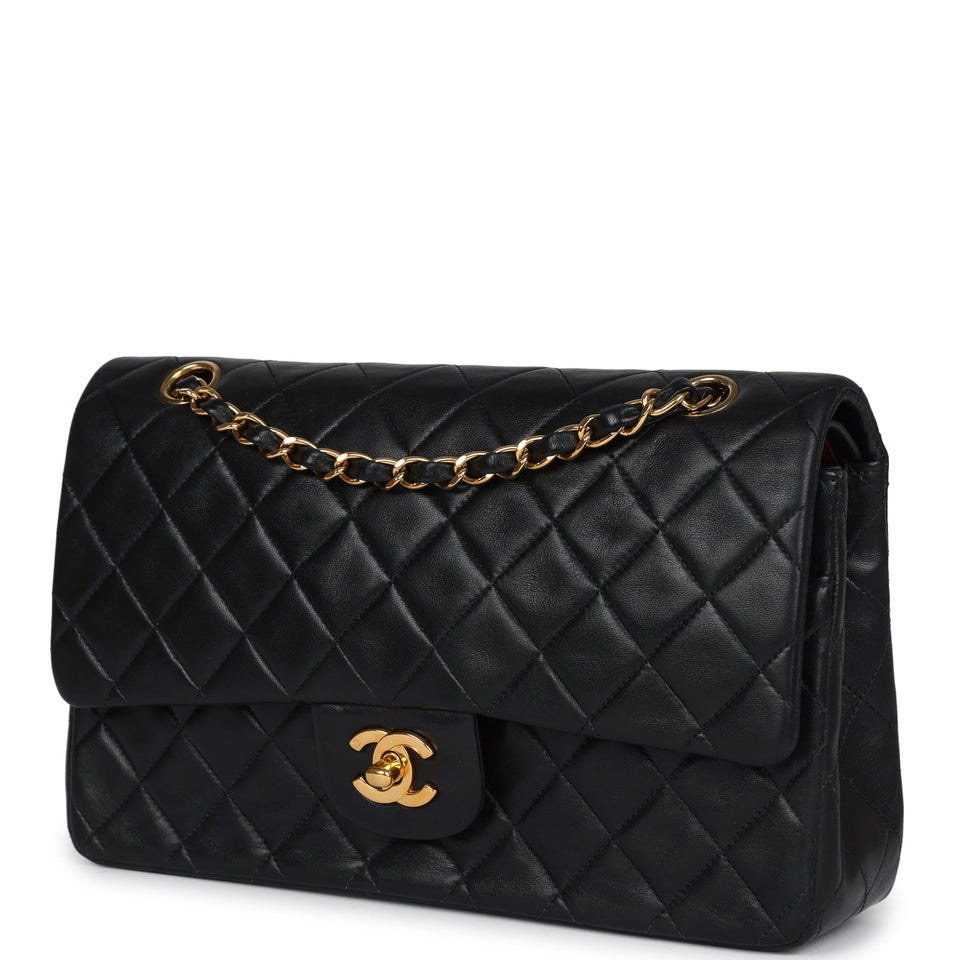Chanel Vintage Medium Classic Double Flap Bag Black Lambskin Gold Hardware