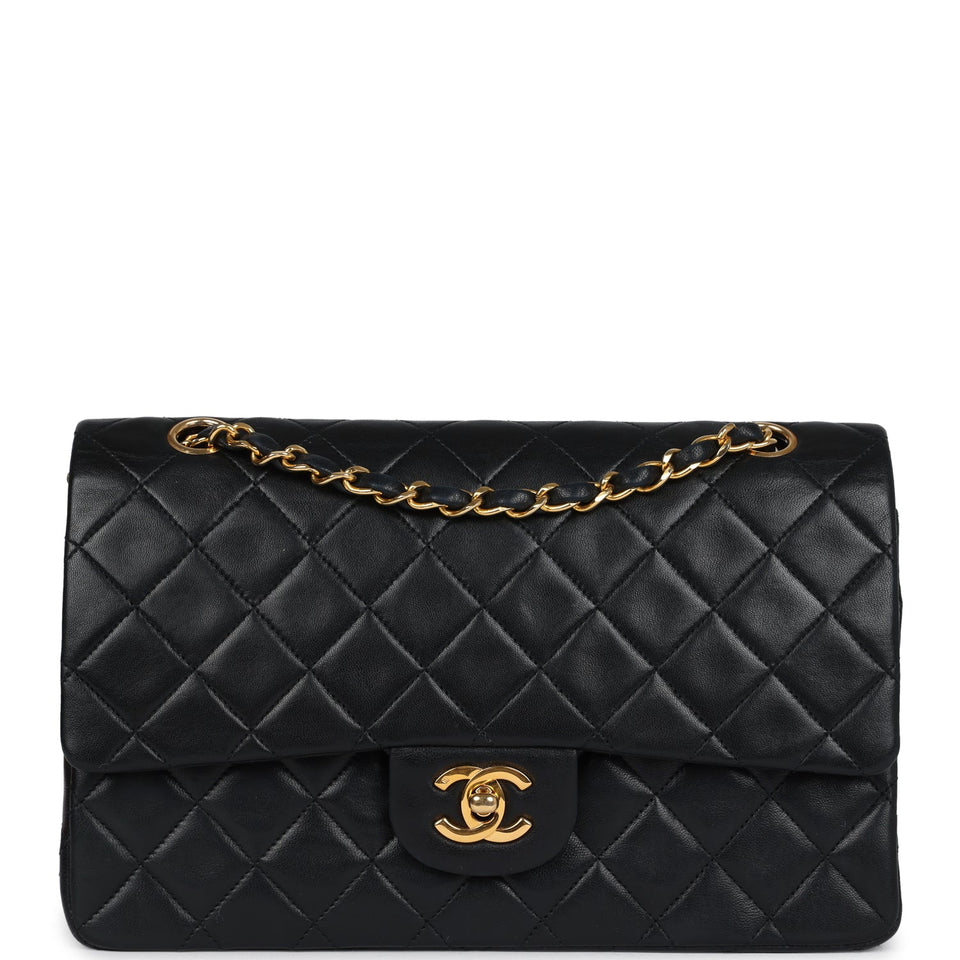Chanel Vintage Medium Classic Double Flap Bag Black Lambskin Gold Hardware