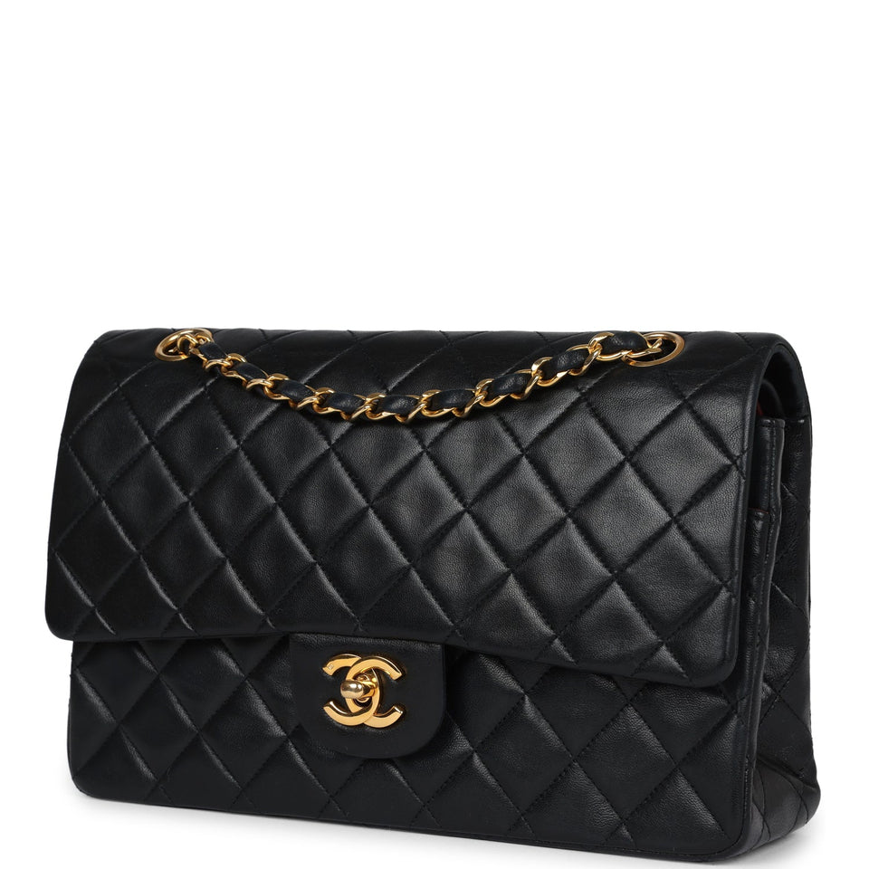 Chanel Vintage Medium Classic Double Flap Bag Black Lambskin Gold Hardware