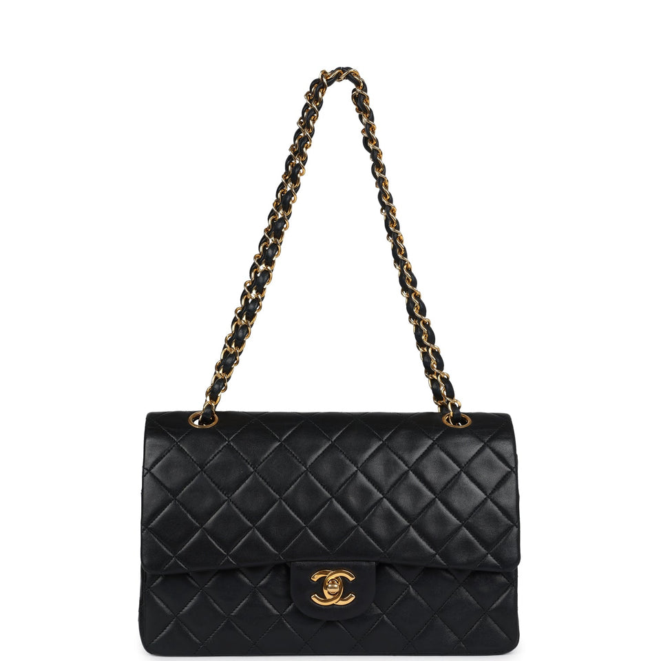 Chanel Vintage Medium Classic Double Flap Bag Black Lambskin Gold Hardware