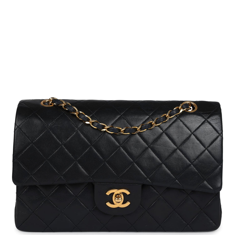 Chanel Vintage Medium Classic Double Flap Bag Black Lambskin Gold Hardware