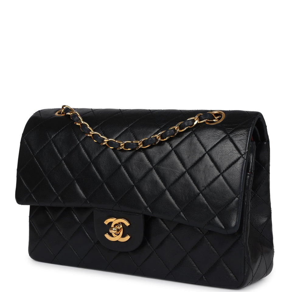 Chanel Vintage Medium Classic Double Flap Bag Black Lambskin Gold Hardware