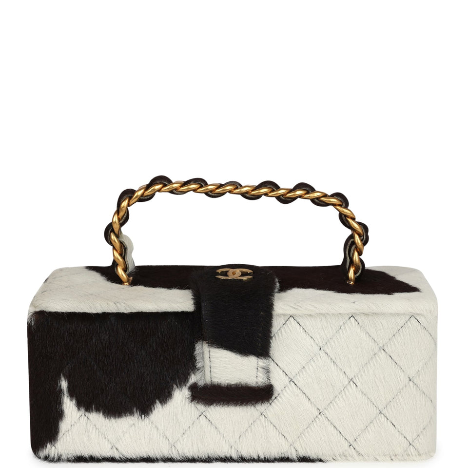 Chanel Vintage Rectangular Vanity Box Brown and White Cow Print Pony Hair Antique Gold Hardware