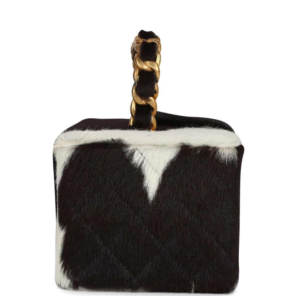 Chanel Vintage Rectangular Vanity Box Brown and White Cow Print Pony Hair Antique Gold Hardware