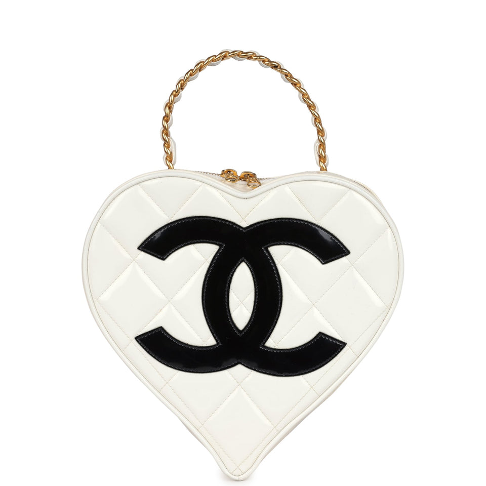 Chanel Vintage Heart Vanity Bag White and Black Patent Antique Gold Hardware