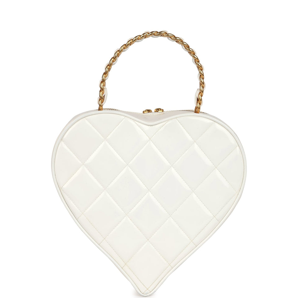 Chanel Vintage Heart Vanity Bag White and Black Patent Antique Gold Hardware