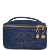Chanel Vintage Square Vanity Case Dark Blue Denim Gold Hardware