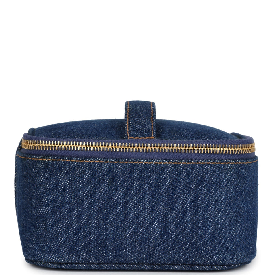 Chanel Vintage Square Vanity Case Dark Blue Denim Gold Hardware