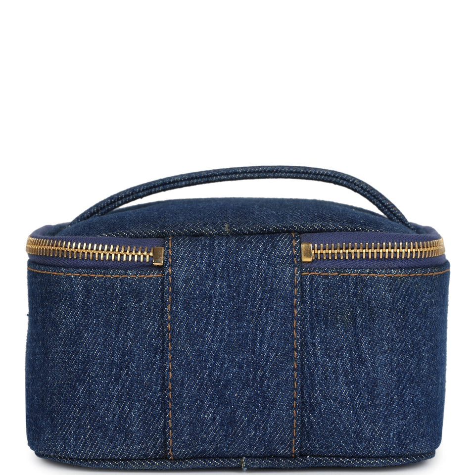 Chanel Vintage Square Vanity Case Dark Blue Denim Gold Hardware