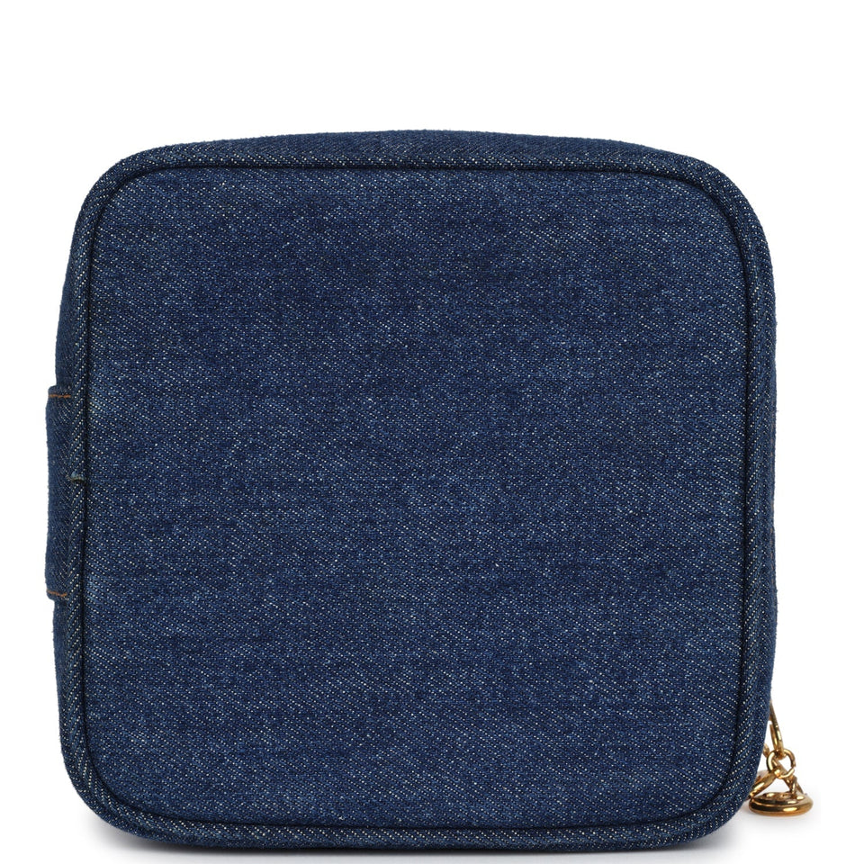 Chanel Vintage Square Vanity Case Dark Blue Denim Gold Hardware