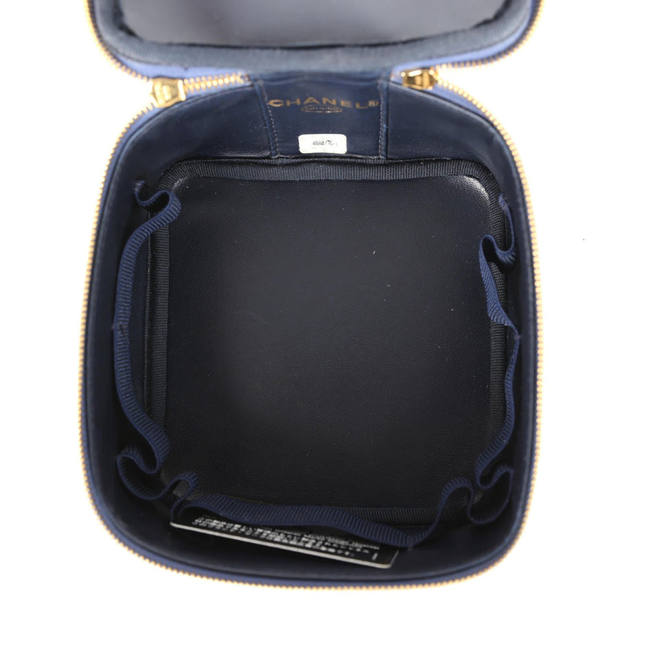 Chanel Vintage Square Vanity Case Dark Blue Denim Gold Hardware