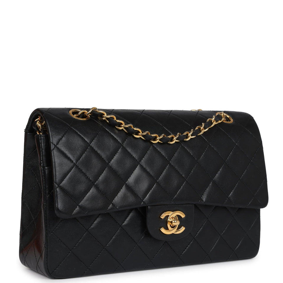 Chanel Vintage Medium Classic Double Flap Bag Black Lambskin Gold Hardware