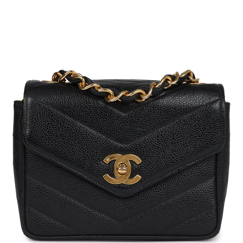 Chanel Vintage Square Chevron Envelope Flap Bag Black Caviar Gold Hardware