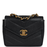 Chanel Vintage Square Chevron Envelope Flap Bag Black Caviar Gold Hardware