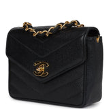 Chanel Vintage Square Chevron Envelope Flap Bag Black Caviar Gold Hardware
