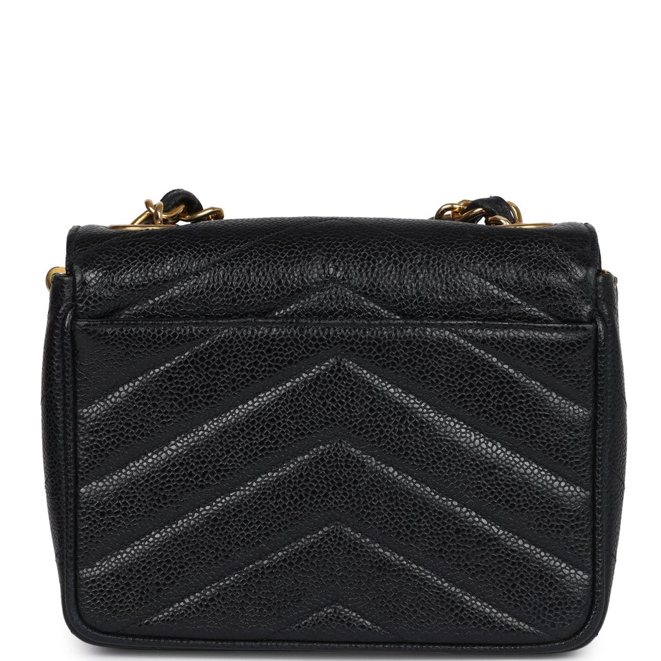 Chanel Vintage Square Chevron Envelope Flap Bag Black Caviar Gold Hardware
