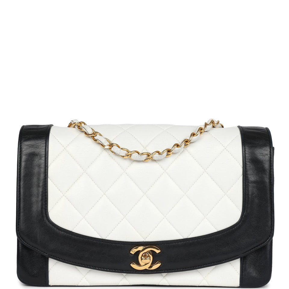 Chanel Vintage Medium Diana Flap Bag White and Black Lambskin Gold Hardware