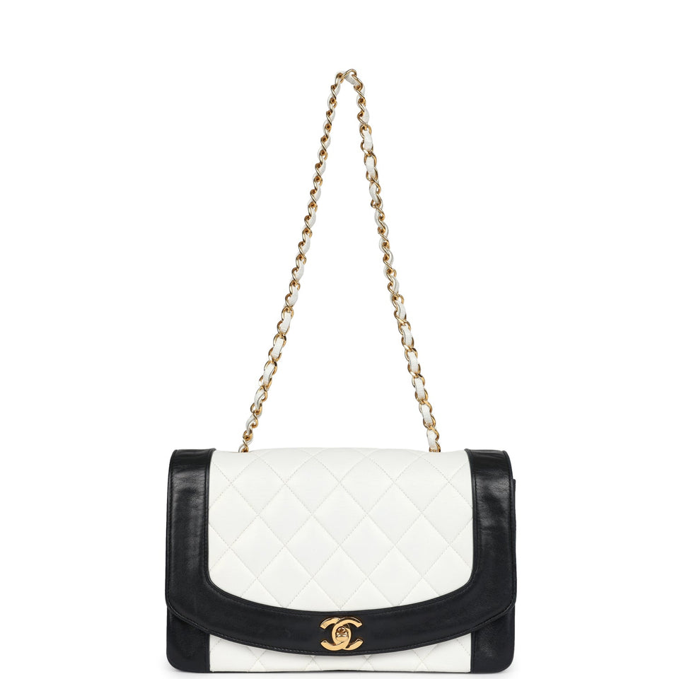 Chanel Vintage Medium Diana Flap Bag White and Black Lambskin Gold Hardware