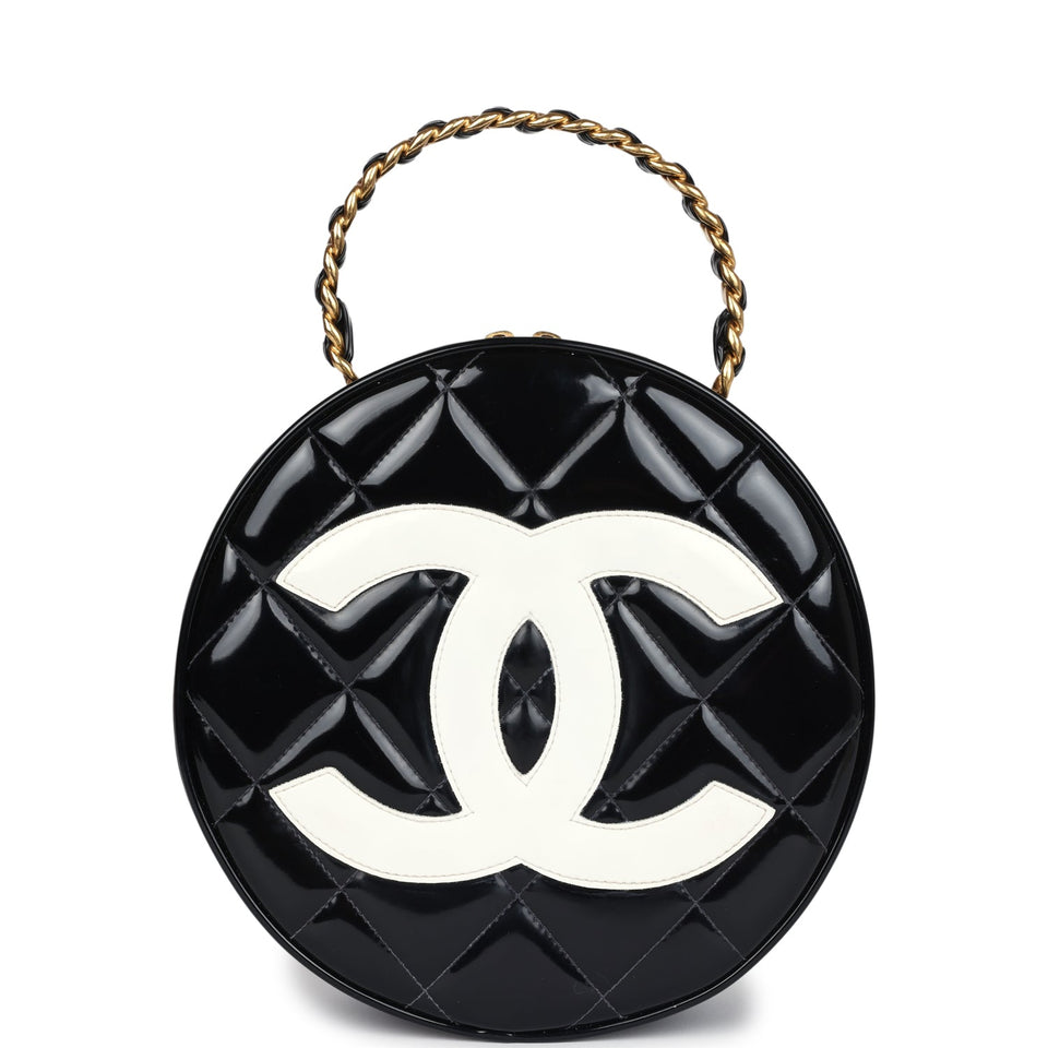 Chanel Vintage Round Vanity Bag Black and White Patent Leather Antique Gold Hardware