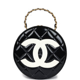 Chanel Vintage Round Vanity Bag Black and White Patent Leather Antique Gold Hardware