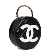 Chanel Vintage Round Vanity Bag Black and White Patent Leather Antique Gold Hardware