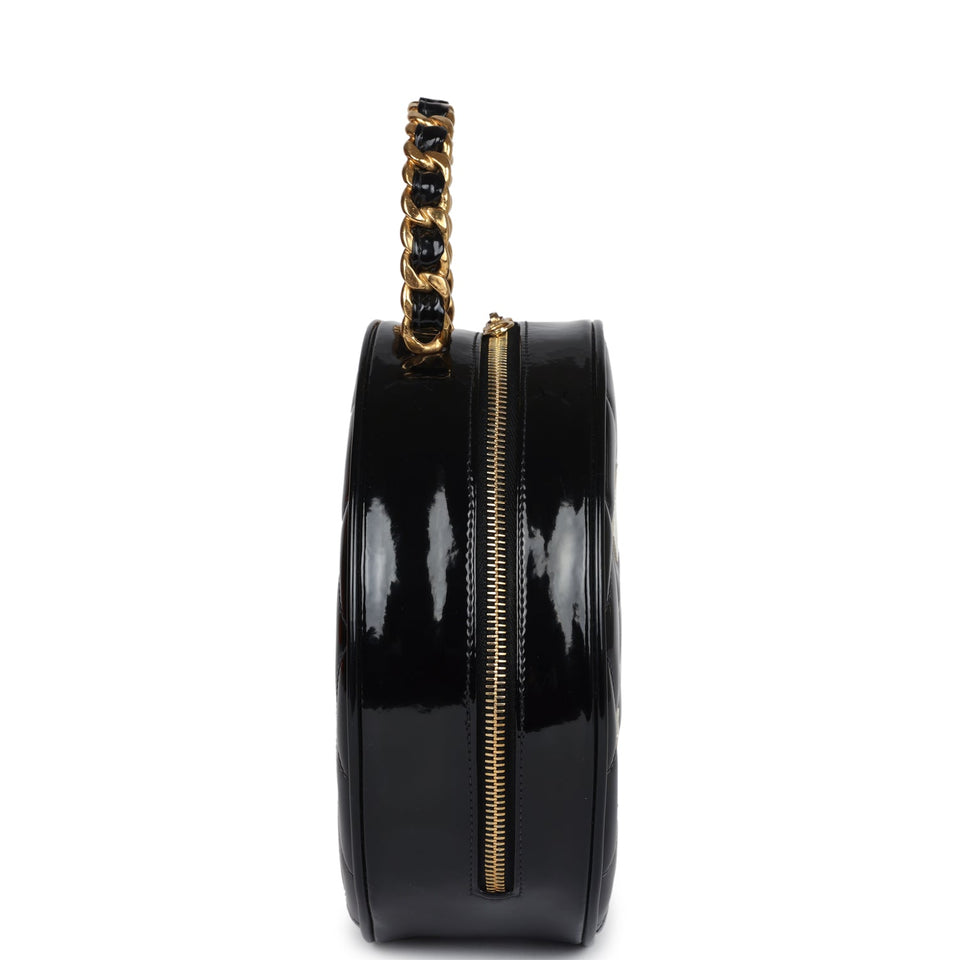 Chanel Vintage Round Vanity Bag Black and White Patent Leather Antique Gold Hardware