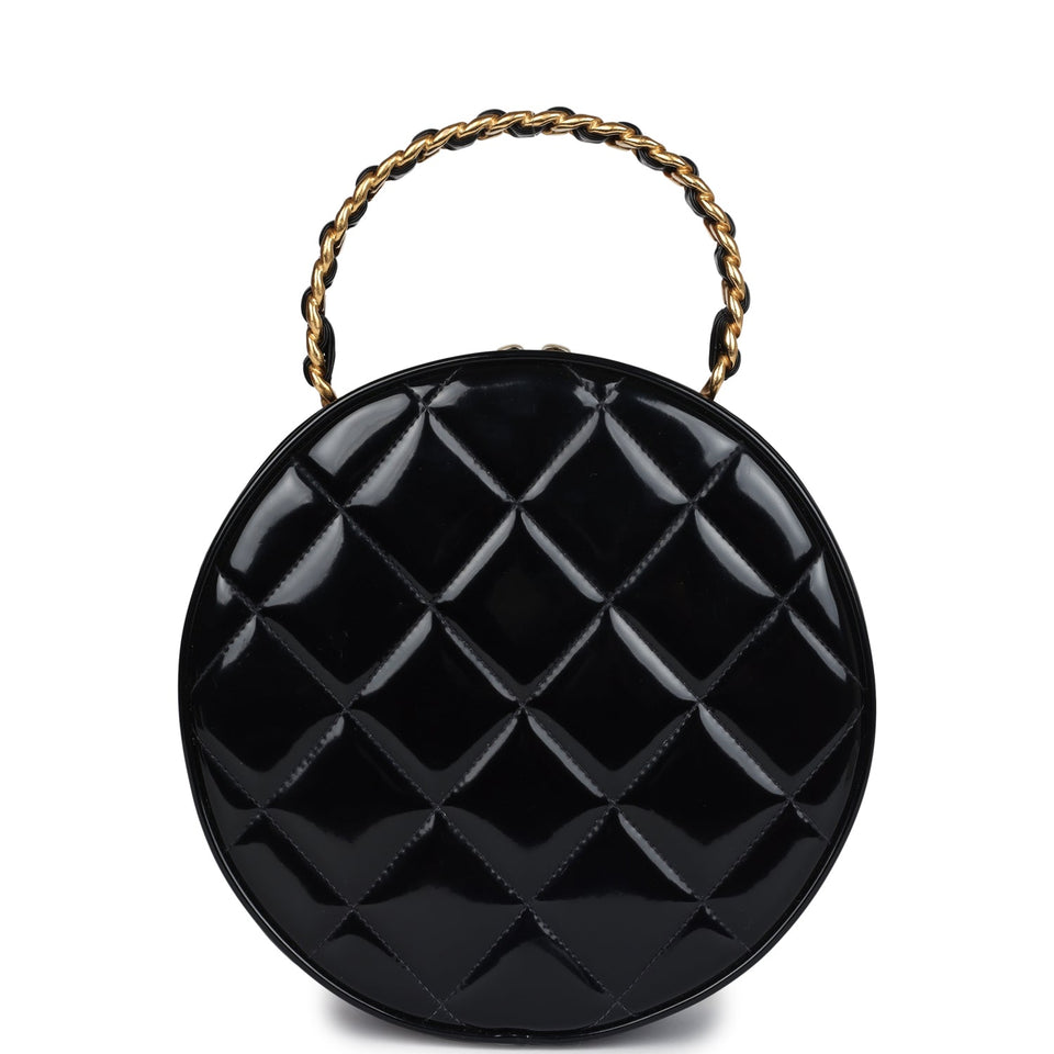 Chanel Vintage Round Vanity Bag Black and White Patent Leather Antique Gold Hardware