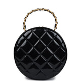 Chanel Vintage Round Vanity Bag Black and White Patent Leather Antique Gold Hardware