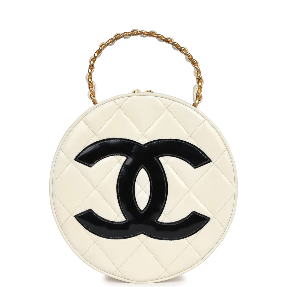 Chanel Vintage Round Vanity Bag White and Black Patent Leather Antique Gold Hardware