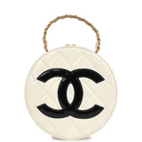 Chanel Vintage Round Vanity Bag White and Black Patent Leather Antique Gold Hardware