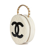 Chanel Vintage Round Vanity Bag White and Black Patent Leather Antique Gold Hardware