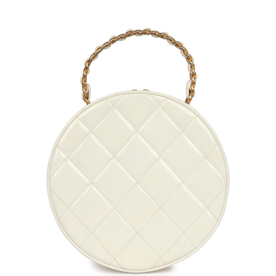 Chanel Vintage Round Vanity Bag White and Black Patent Leather Antique Gold Hardware