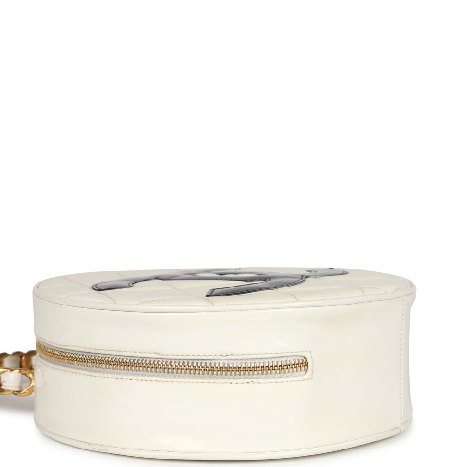 Chanel Vintage Round Vanity Bag White and Black Patent Leather Antique Gold Hardware