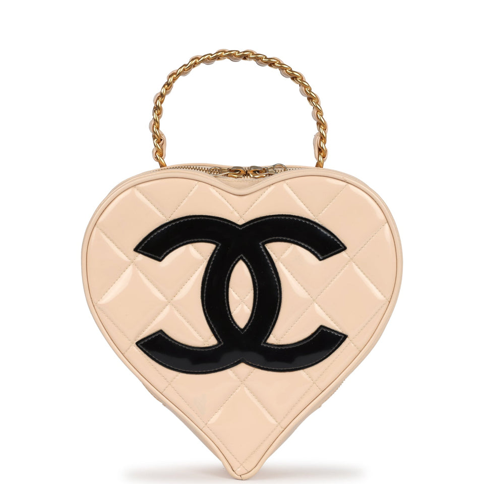 Chanel Vintage Heart Vanity Bag Beige and Black Patent Antique Gold Hardware