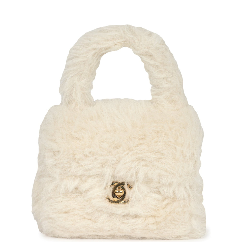 Chanel Vintage Micro Kelly Child White Rabbit Fur Gold Hardware