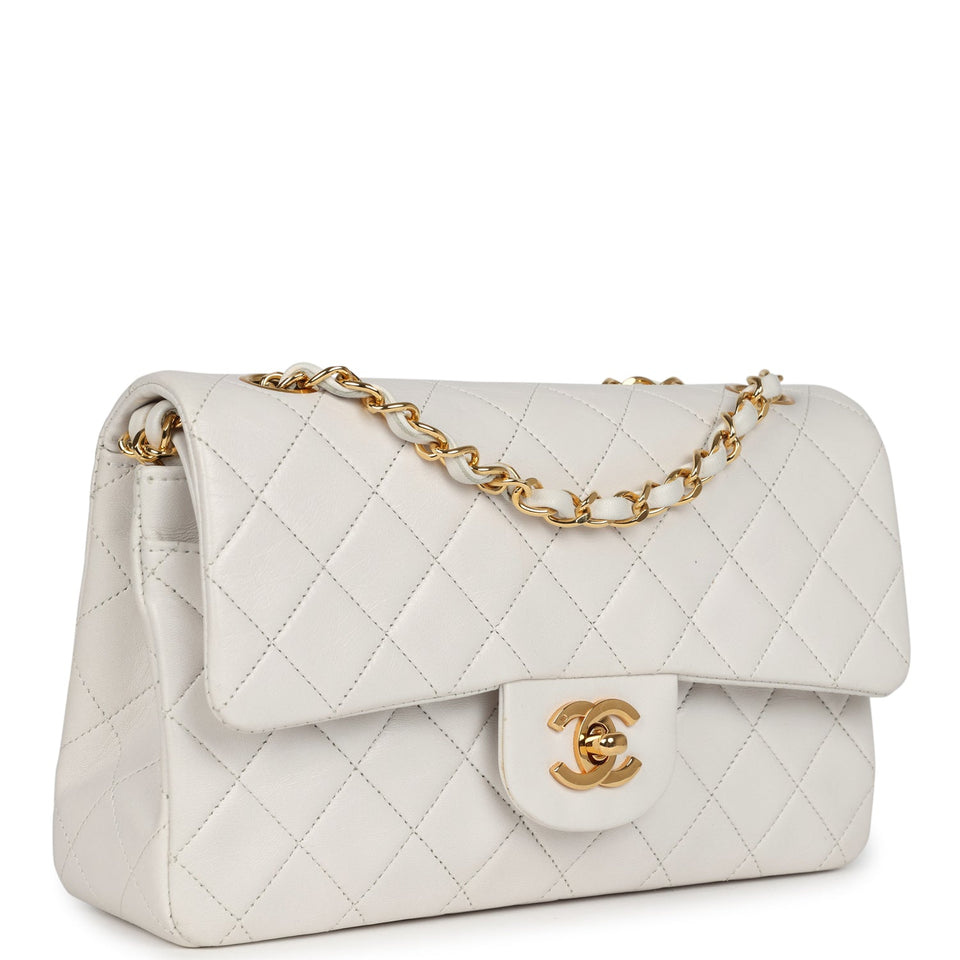 Chanel Vintage Small Classic Double Flap Bag White Lambskin Gold Hardware