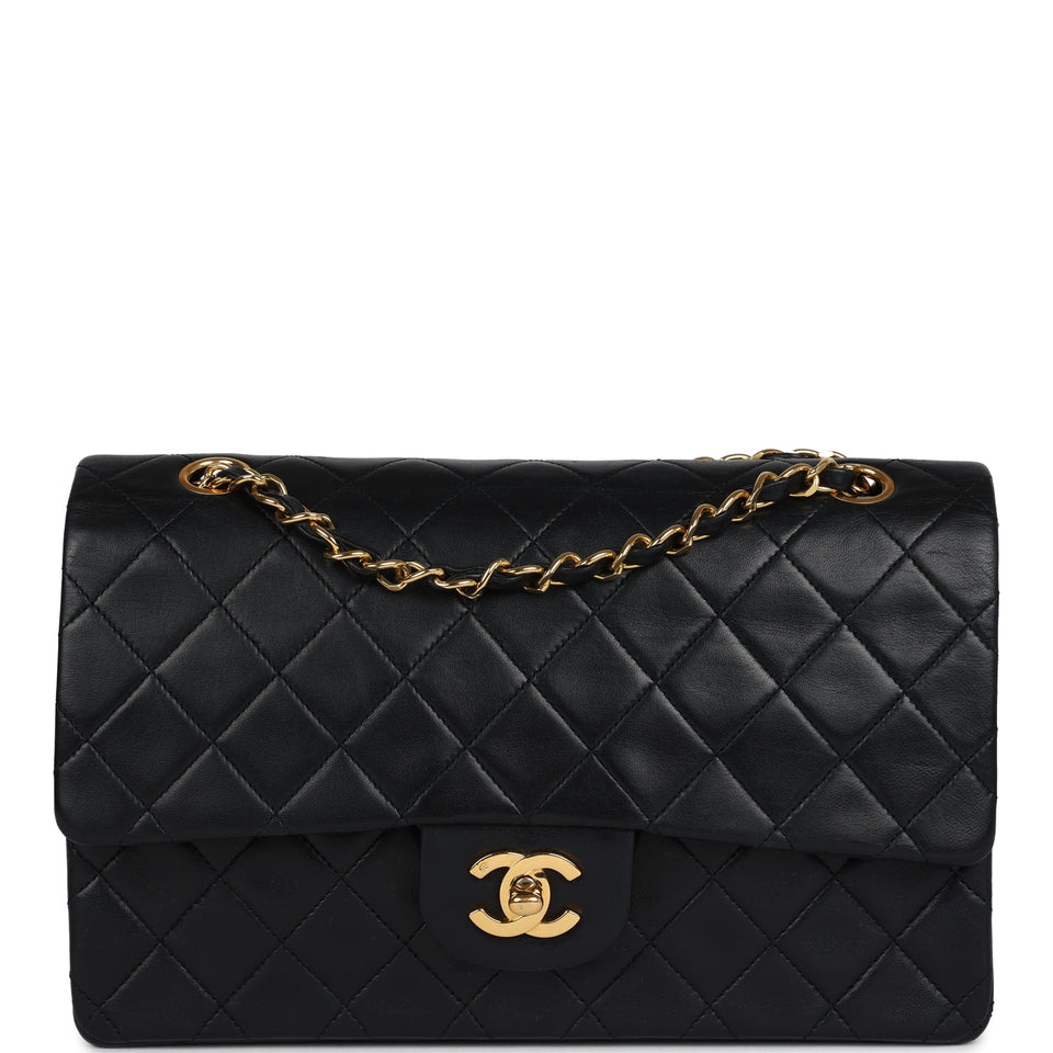 Chanel Vintage Medium Classic Double Flap Bag Black Lambskin Gold Hardware